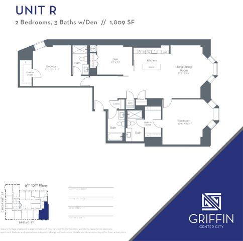 Floor plan for 2 beds, 3 baths, 1809 sqft